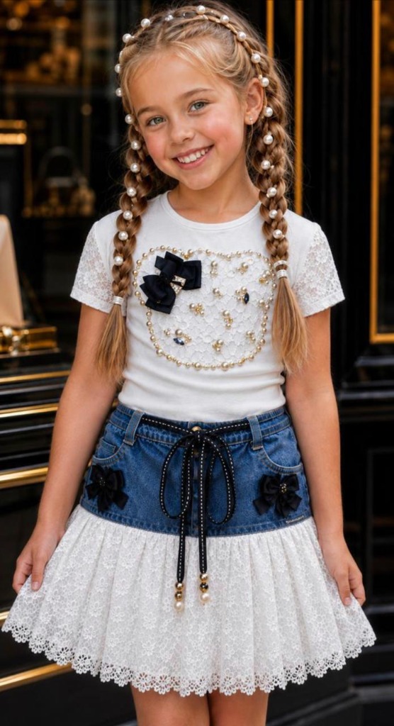 Conjunto Anjo D'Água Blusa e Saia Renda Jeans Ref. 26101
